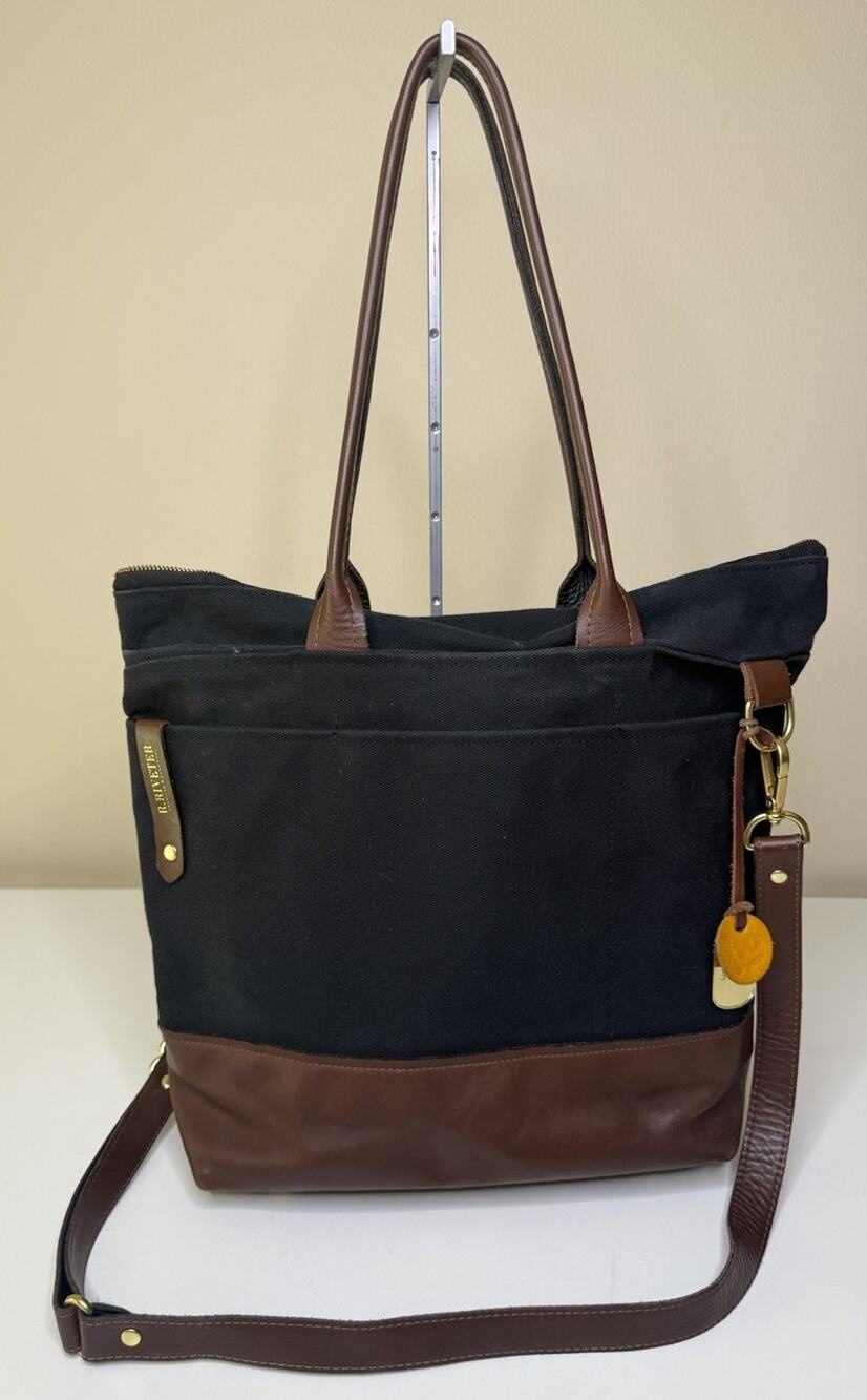 R. Riveter Otto Tote Black Washed Canvas Brown Leather Trim Zip Crossbody USA